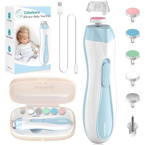 Rechargeable Baby Nail Trimmer Electric Baby Nail File, 15-in-1 Nail Clippers Filer Buffer Kit with Dust Cover LED Light for Newborn Infant Toddler Adult Toes Fingernails, Blue