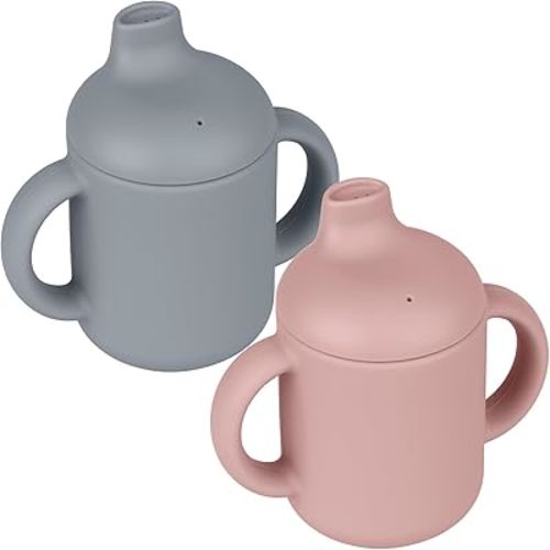 Baby Sippy Cup, 2 Pack of Silicone Trainer Cup Toddler for Boys and Girls, Unbreakable, Spill Proof and Two Handle Learner Cup Sippy Cup for Toddlers, 4oz (Ether/Blush)
