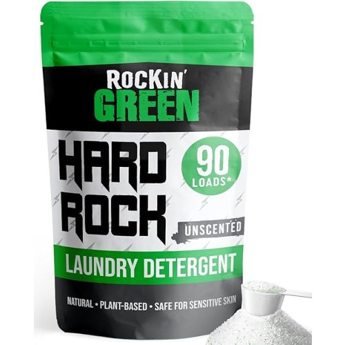 Rockin' Green Hard Rock Laundry Detergent for Hard Water (90 Loads), Plant based, Natural Laundry Detergent Powder, Biodegradable Odor Fighter, Safe for Sensitive Skin, 45 oz (Unscented)