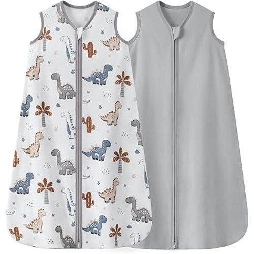 Baby Sleep Sack 0-6 Months 0.5 TOG, 100% Cotton Baby Wearable Blanket 2 Pack with 2-Way Zipper, Lightweight Sleep Bag for Boys ＆ Girls Newborn Infant Breathable Sleeing Sack Grey Dinosaur