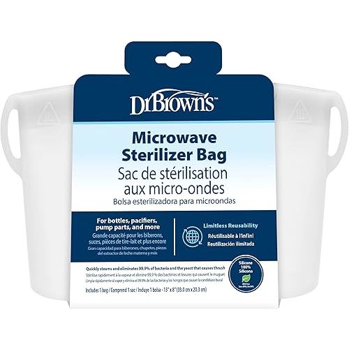 Dr. Brown’s 100% Silicone Microwave Steam Sterilizer Bag for Baby Bottles, Breast Pump Parts & Other Toddler Accessories, Reusable Sterilizing Bag