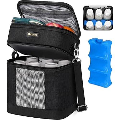 Mancro Breast Milk Cooler Travel Bag with Ice Pack, Double Layer Baby Bottles Bag for Daycare Fits 6 Baby Bottle up to 9 Ounces, Breast Pump Bag for Nursing Moms with Shoulder Strap, Black