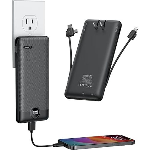 VRURC Portable Charger with Wall Plug, 10000mAh Slim Portable Charger Built in Cables,PD 20W Fast Charging Power Bank with Cords,USB C Portable Phone Charger Travel Accessories -Black(1 Pack)
