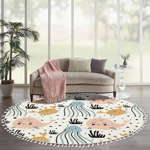 Ocean Beach Area Rugs Cute Whales Jellyfish Crabs fo Marine Animal Round Boho Area Rug Linen Carpet Playmat Washable Hallway Runner Mat for Nursery Kid Room Bedroom Decoration Children Gift 6ft