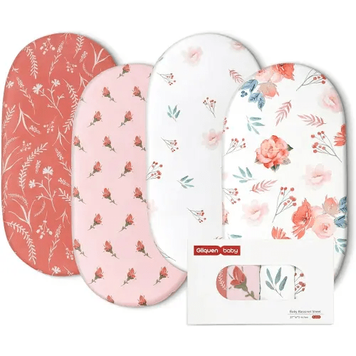 Gllquen Baby Bassinet Sheets 4 Pack, Breathable Cozy Fitted Mattress Sheet, Elastic Travel Crib Fashionable Floral Pattern, Standard Cradle Safe Sheets for Baby Boy Girls 32"X16" (Flower)