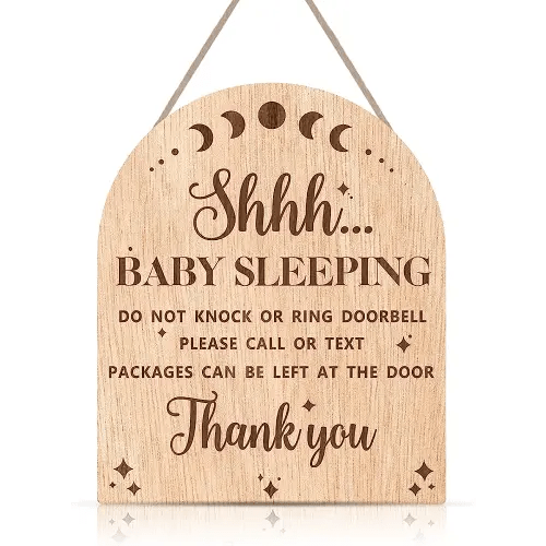 OLMIXA Baby Sleeping Wooden Hanging Sign for Front Door (9.8x12inch), Do Not Knock or Ring Door Knob Hanger Sign, Door Hanger for Outdoor Outside Porch Kids Room Decor