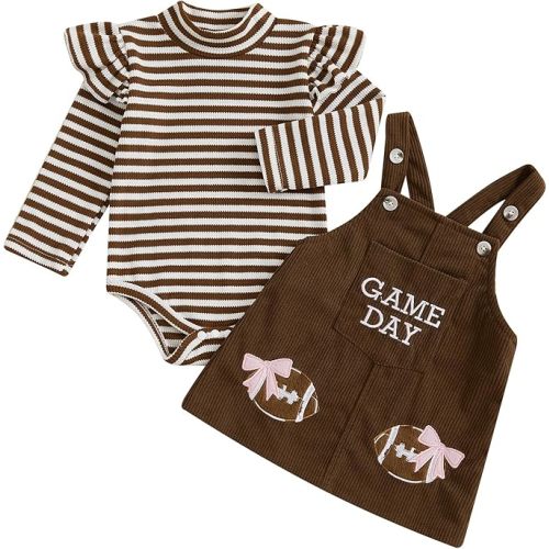 Newborn Infant Baby Girl Game Day Football Outfit Long Sleeve Striped Onesie with Corduroy Suspender Skirt Set