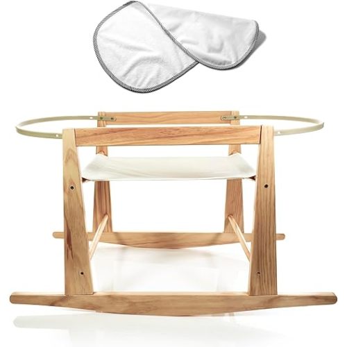 Moses Basket Stand - Wooden Rocking Moses Basket Stand for Baby Bassinets - Adjustable Bassinet Rocker Crafted From Natural Wood - Perfect For Newborns - Includes Bonus Change Mat -Basket Not Included