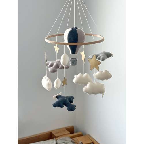 Hot air balloons airplanes baby crib mobile sky theme nursery decor stars clouds hanging mobile newborn baby shower gift neutral nursery