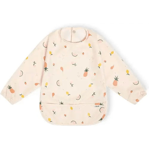 Lalo Smock Bib - Long Sleeve Baby Bib, Elastic Cuffs for Comfort, Large Catch-All Pocket, Waterproof Recycled Polyester - Durable Baby Smock Bib for Mealtime - Ages 6-24 Mo. - Fruit Print Grapefruit