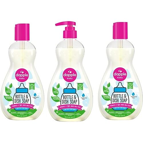 Dapple Baby Fragrance Free Bottle & Dish Soap - (3 Pack) 16.9 fl oz - Cleans Baby Bottles, Sippy Cups, Pacifiers, Breast Pumps, & More - Gently Removes Milk Film & Odors - Includes 1 Pump
