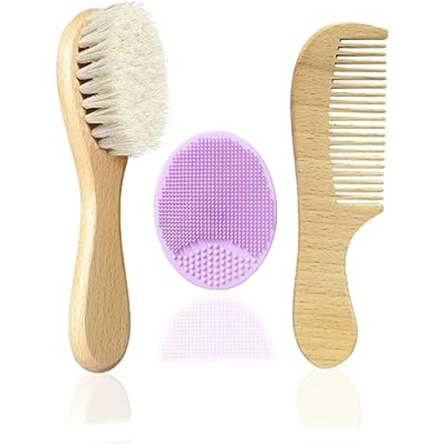 Molylove Baby Hair Brush with Wooden Handle and Comb Set for Newborns & Toddlers | Natural Soft Goat Bristles l Wood Comb l Purple Silicone Brush| Ideal for Cradle Cap (3 Piece)