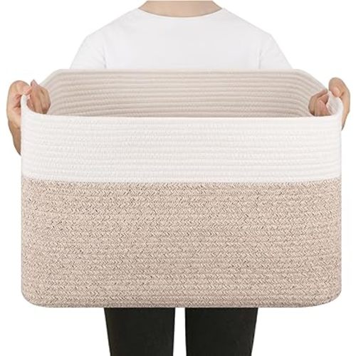Blanket Basket, Toy Basket Bin for Kids, Cotton Rope Woven Storage Basket for Living Room, Nursery, Baby Room Decorative Organizer, 18''×14''×12'', Brown & White