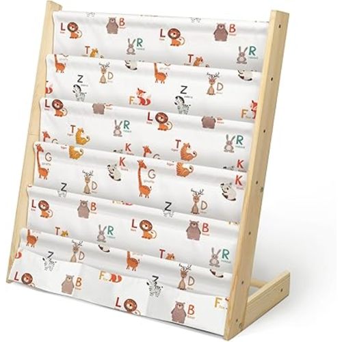 Kids Bookshelf 5 Tier Wooden Toy and Book Storage Organizer 3 Pockets Toddler Sling Book Rack with Deep Sleeves for Baby Playroom Nursery Bedroom (Animal Alphabet)