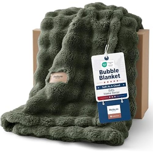 Bedsure Manta de burbujas de nube para sofá, verde oliva, 50 x 60 pulgadas