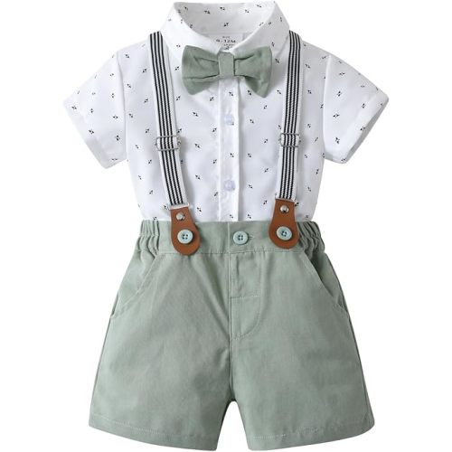 Baby Boys Gentleman Shorts Sets, Infant Outfits Suits, Shirt+Shorts+Bow Tie+Suspenders