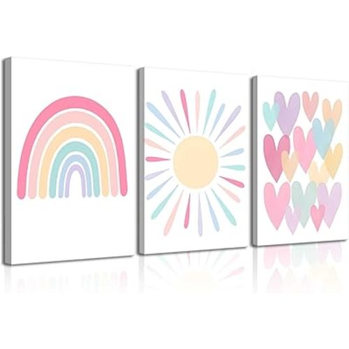 RCJARTI 3Pcs Pink Nursery Canvas Wall Art Rainbow Poster Kids Bedroom Baby Girls Toddler Pastel Wall Decor Prints Sun Boho Pink Sunshine Painting for Classroom School Nursery Decoration 12x16in