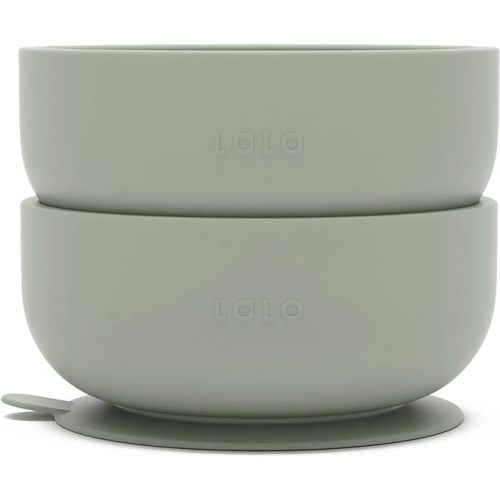 Lalo Suction Bowls - 2 Pack, 100% Silicone Non-Toxic BPA-Free Baby Bowls with Suction Base To Prevent Accidental Tip-Overs - Silicone Bowls For Babies And Toddlers - Sage