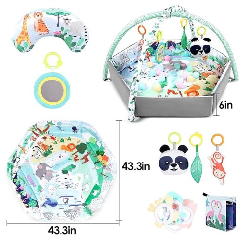 dearlomum 4-in-1 Tummy Time Mat,Baby Activity Play Mat,Newborn Play Baby Mats for Floor with 6 Infant Learning Sensory Baby Toys, Toddler Motor Skill Development,Babies Ball Pit with 18 Ocean Balls - Animal World