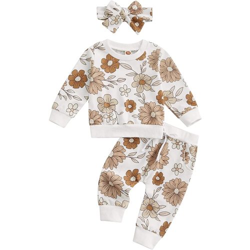 3Pcs Baby Girl Outfits Daisy Sweatshirt + Pants + Headband Infant Fall Winter Clothes