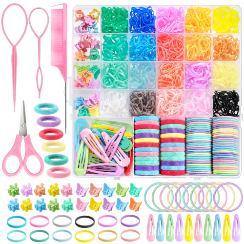 Livhil Hair Ties, 26 Colors Hair Accessories for Girls, Rubber Bands for Hair, Elastic Hair Ties and Hair Clips, 1544pcs Elastic Baby Toddler Hair Ties
