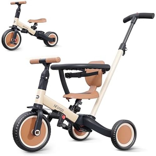 newyoo TR008 5 in 1 Toddler Tricycle with Push Handle for 1-3 Year Old Boys and Girls, Kids Push Trike with Safe Bar, Toddler Bike, Convert to Balance Bike, Birthday Gifts and Toys for Baby, Cream