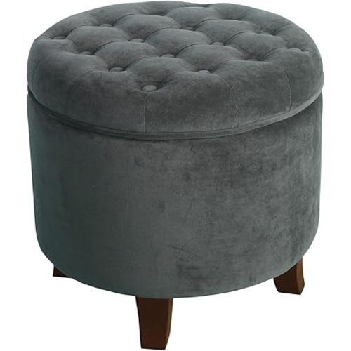 Homepop Home Decor | Upholstered Round Velvet Tufted Foot Rest Ottoman | Ottoman with Storage for Living Room & Bedroom | Decorative Home Furniture, Dark Gray Small
