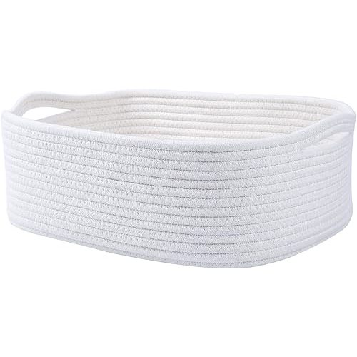 Woven Cotton Rope Storage Basket, Cube Changing Table Organizer for Closet Towels, Baby Nursery Bin, Small Dog Cat Toy Box, Gift Baskets empty (White)