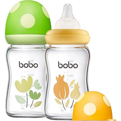 YOHKOH Natural Glass Baby Bottle with Natural Response Nipple, Newborn Anti-Colic Baby Bottles, Wide Neck Mushroom Cap Baby Bottle, Clear (Multicolour1, (5.4oz (Pack of 2))