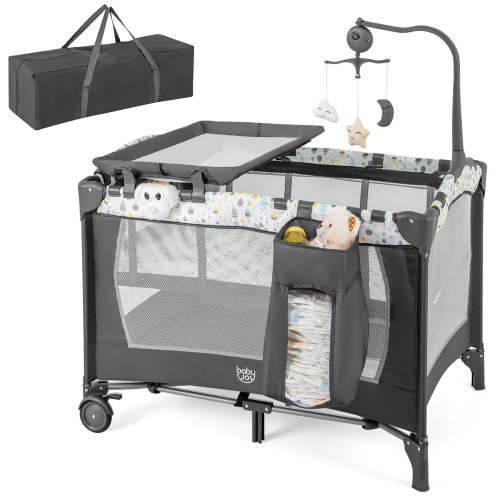 Gymax Portable Pack & Play 3-in-1 Baby Bassinet w/ Removable Changing Table Mattress Light Gray