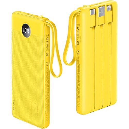 VRURC Portable Charger with Built-in Cables, 10000mAh LED Display USB C Power Bank, Slim Travel Battery Pack with 5 Output 2 Input Compatible with iPhone,Samsung,Android etc-Yellow(1 Pack)