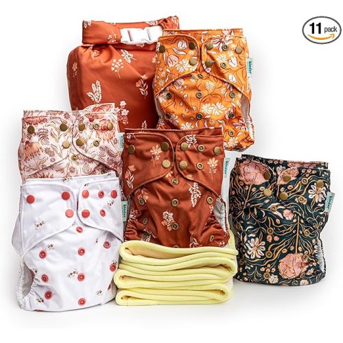 Kinder Cloth Diapers Set of 5 Reusable Baby Diapers Pocket Style Athletic Wicking Jersey, Bamboo Viscose Inserts, Wet Bag, Newborn to Potty Training 7-60lbs, One Size (Boho Floral)