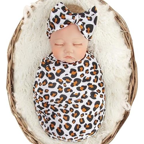 DRESHOW BQUBO Newborn Reception Blanket with Headband Set Swaddle Leopard Bag