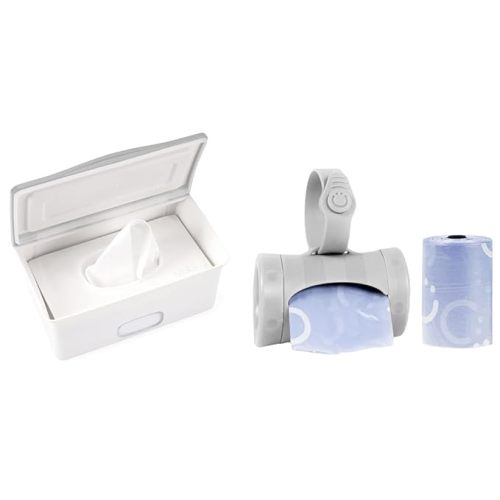 Ubbi Baby Wipes Dispenser Holder Weighted Plate, Retractable On the Go Travel Diaper Bag Dispenser Lavender Scented - Gray Wipes Dispenser + Bag Dispenser