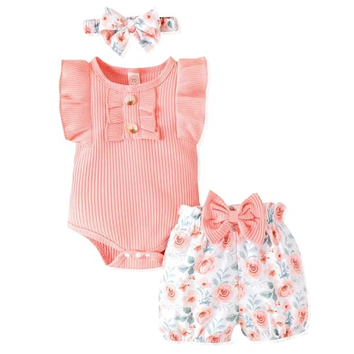LUNFEGO Newborn Baby Girl Clothes Outfits Ruffle Romper and Short Pant Sets with Headband Infant Bodysuits