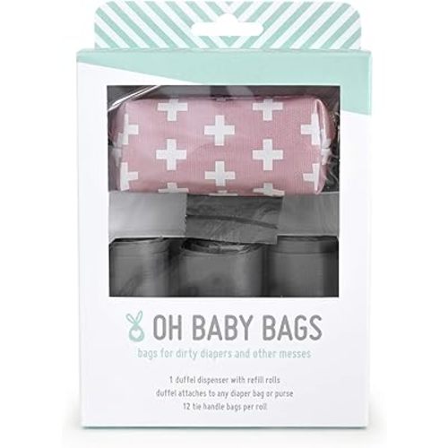 Pink Swiss Dirty Diaper Bag Dispenser, Clip On Bag Holder Attaches to Any Diaper Bag, 48 Count Large Tie Handle Bags