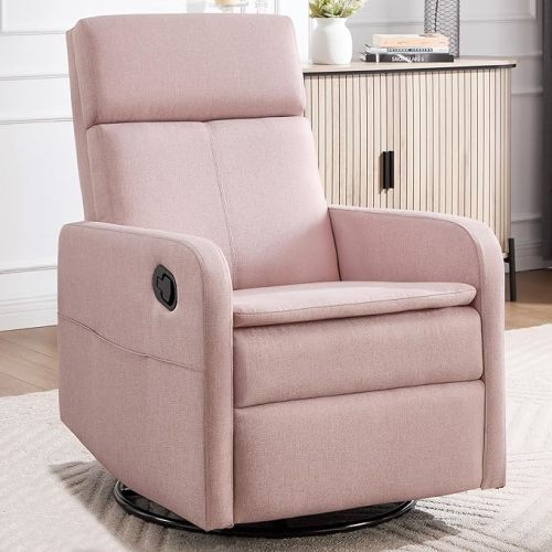 Swivel Rocking Recliner Chair for Adults, Rocker Nursery Glider Chair for Living Room Bedroom, Upholstered Fabric Reclining Single Sofa Chair(Light Grey)