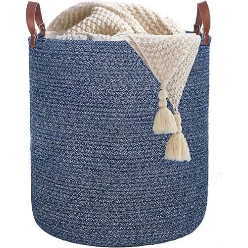 Caroeas 80L Extra Large Laundry Basket with Handles, Cotton Rope Woven Blanket Basket, Tall Rope Laundry Hamper, XXXL Decorative Storage Baskets for Blanket, Clothes, Toys, 16'' x 20'', Navy Blue
