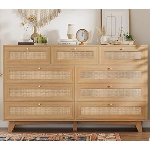 VIAGDO Rattan Dresser for Bedroom, 9 Drawer Dresser with Natural Rattan Drawers, Wooden Tall Dresser with Gold Handles, Modern Closet Dressers Chest of Drawers for Nursery Entryway Living Room