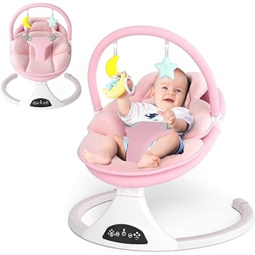 Electric Baby Swing with Remote Control - 5 Natural Motion Speeds, Detachable Seat Pad | Portable Infant Swing for Indoor/Outdoor Use (0-6M, 20lbs) (Pink)