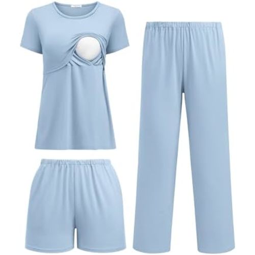 Ekouaer 3 Piece Postpartum Nursing Pajamas Set Short Sleeve Breastfeeding Shirts Pregnancy Shorts & Pants Maternity Pjs