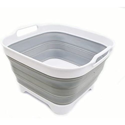 SAMMART 10L (2.64 Gallon) Collapsible Dishpan with Draining Plug - Foldable Washing Basin - Portable Dish Washing Tub - Space Saving Kitchen Storage Tray (1, White/Grey)