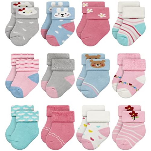 RATIVE Newborn Baby Socks 0-6,6-12 Months Thick Terry Turn Cuff Socks for Unisex Boys Girls