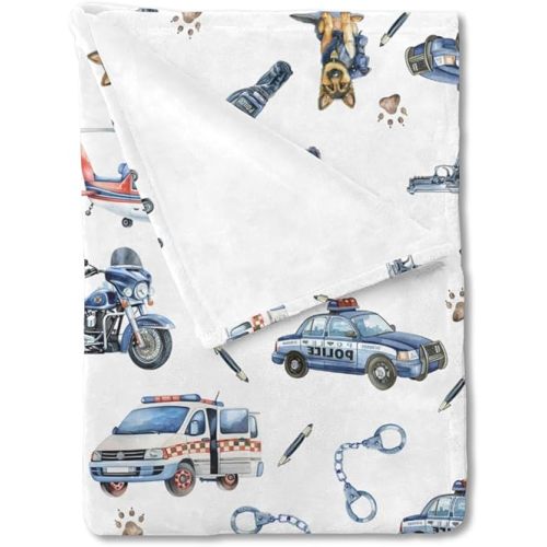 Watercolor Police Vehicles Car Motorcycle Helicopter Baby Blanket for Boys Police Dogs Flannel Swaddle Blanket Soft Receiving Blankets Newborn Nursery Toddler Daycare Crib Bed Blanket Playmat 30x40