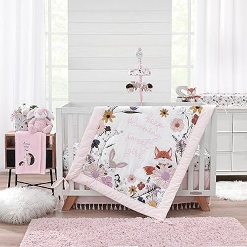 NoJo Keep Blooming Pink, White, Purple and Gold, Flowers, Fox, Bunny and Birds "Keep Blooming Sweet Girl" 4 Piece Nursery Crib Bedding Set - Comforter, 100% Cotton Fitted Crib Sheet, Crib Skirt