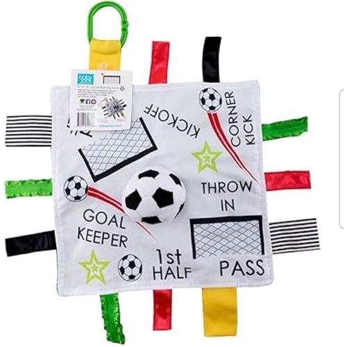 Baby Jack & Co 10x10” Soccer Sports Lovey Sensory Plush Blanket - Tag Toy for Babies - Baby Stroller Toys - Learn Shapes, Letters & Colors - MVP Baby Ball Toy & Baby Sports Gift w/Stroller Clip