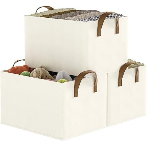 Storage Bins for Shelves, 3-Pack Storage Baskets for Closet, Large Linen Organizers and Storage Bins for Bedroom, Collapsible Baskets and Bins with Handles, Beige