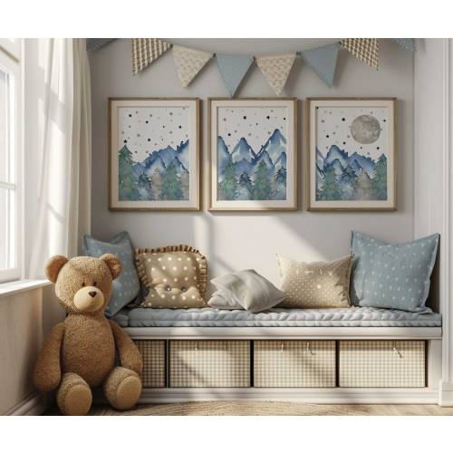 Blue mountain starry night sky nursery prints | Mountain nursery decor | woodland nursery decor | moon and stars | set of 3 nursery prints