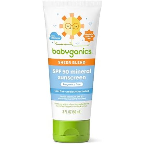 Babyganics SPF 50 Mineral Sunscreen Lotion, Sheer Blend, UVA UVB Protection, Octinoxate & Oxybenzone Free, Water Resistant, Fragrance Free, 3 oz