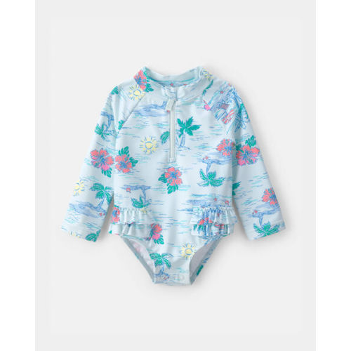 Baby Girl Tropical Beach Long-Sleeve Rashguard Swimsuit - Blue | Carter's